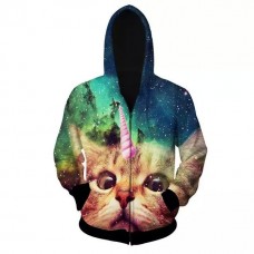 Men Sping Fall Dacron 3D Cartoon Cat Printing Zipper Hoodies Coat Sweatshirt